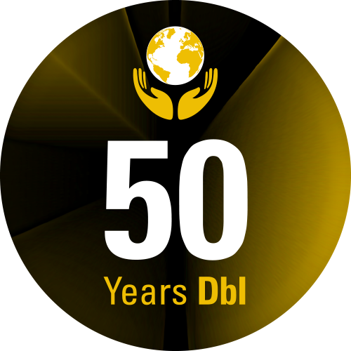 50 year logo of DbI. Against a round black background with light effects, the top of the design features two hands in the shape of a chalice in gold, positioned beneath a globe. Below this, the number 50 is written in large white letters, and beneath that, ‘Years DbI’ is written in gold.